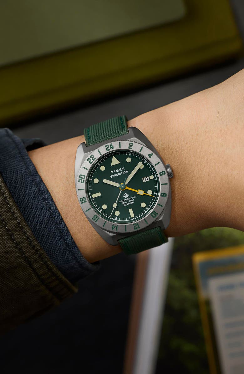 Timex<sup>®</sup> Expedition Pioneer Titanium GMT Automatic Webbing Strap Watch, 41mm, Alternate, color, Titanium