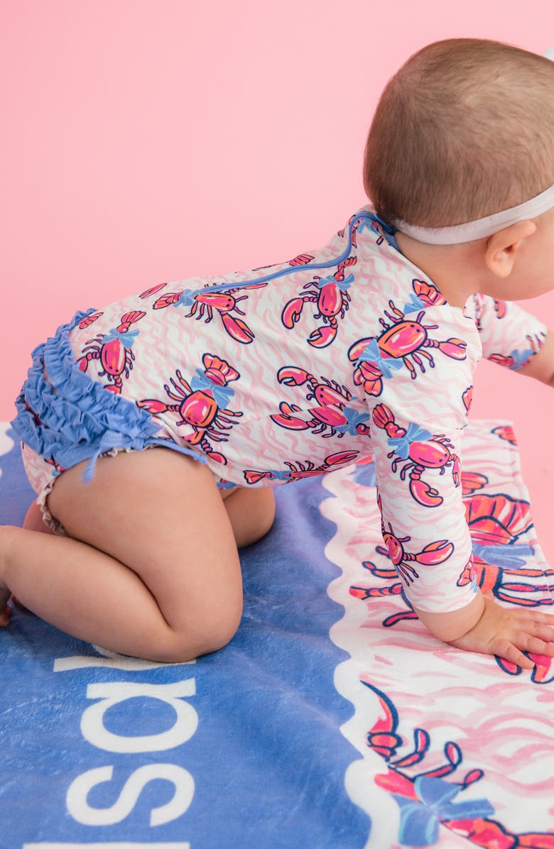 RuffleButts Kids' Lobster Lagoon Long Sleeve One-Piece Rashguard Swimsuit, Alternate, color, Pink
