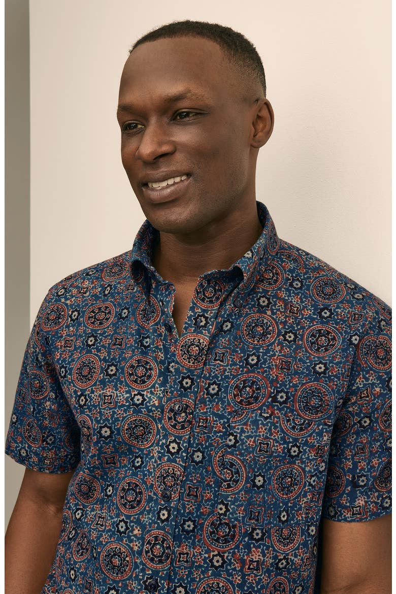 Medallion Print Short Sleeve Cotton Button-Down Shirt, Alternate, color, BLUESPICE