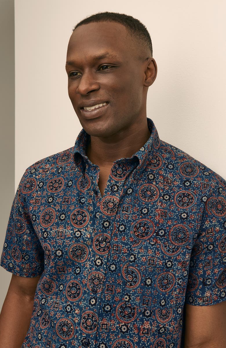 Brooks Brothers Medallion Print Short Sleeve Cotton Button-Down Shirt, Alternate, color, Bluespice