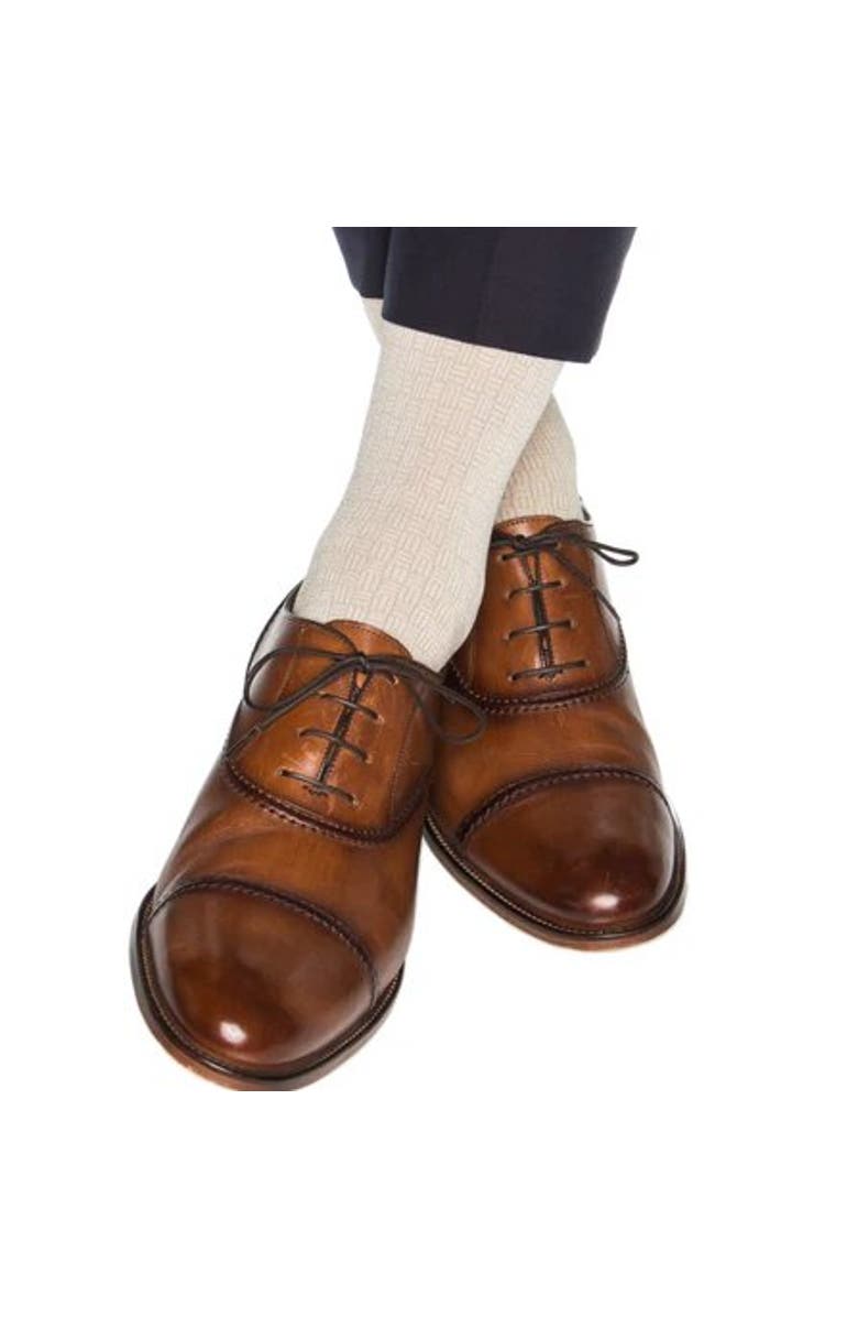 Trafalgar Horatio Cross Hatch Design Mid-Calf Mercerized Cotton Socks, Alternate, color, Tan With White
