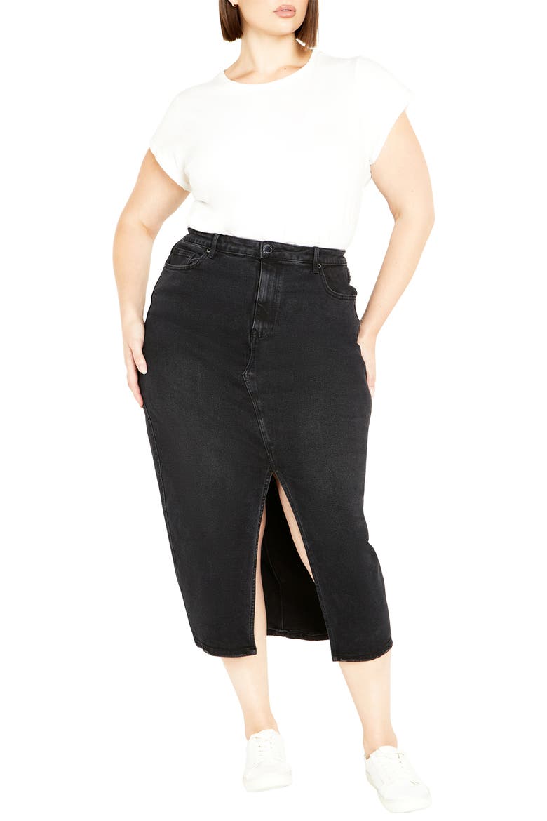 Oaklyn Front Slit Midi Denim Skirt, Alternate, color, BLACK WASH