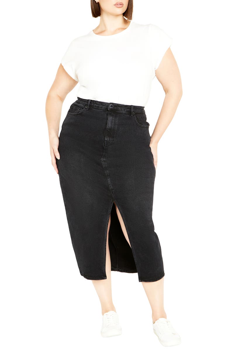 City Chic Oaklyn Front Slit Midi Denim Skirt, Alternate, color, 