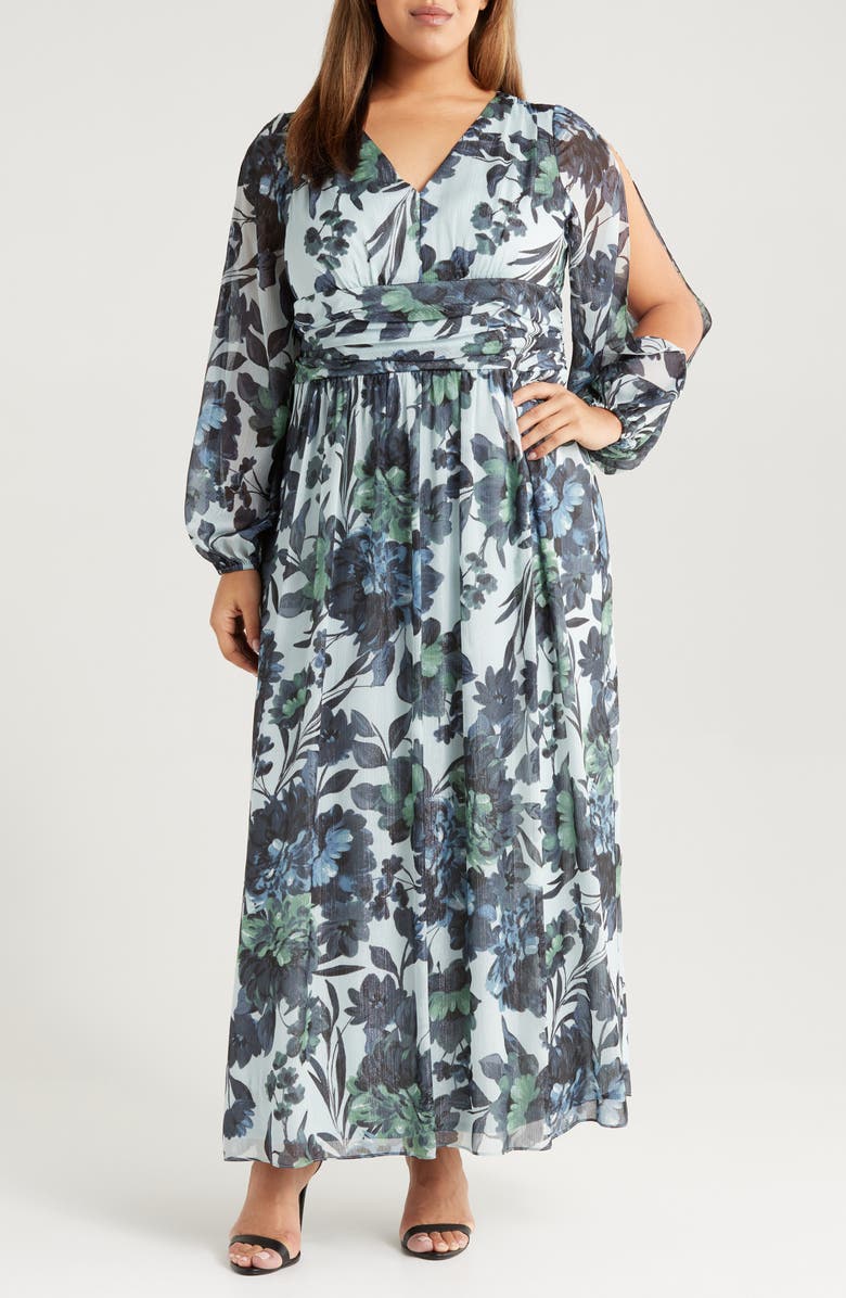 SL FASHIONS Floral Long Sleeve Chiffon Maxi Dress, Main, color, Black Multi