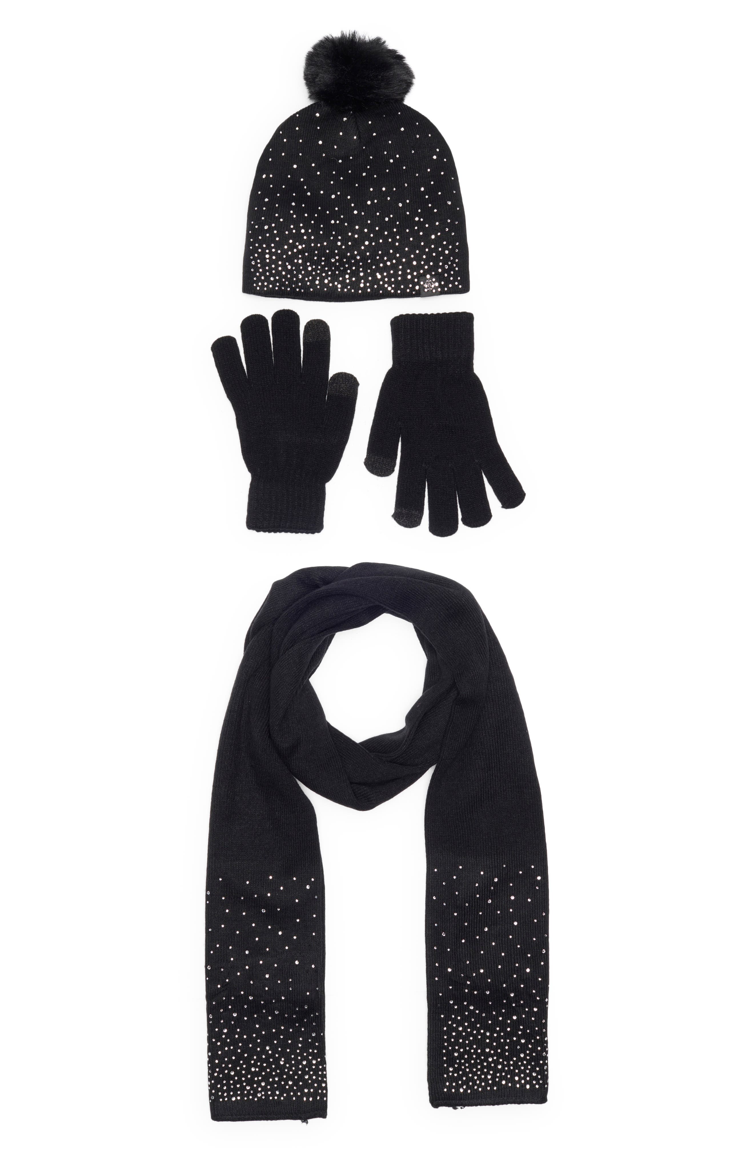 Nanette Lepore 3-Piece Rhinestone Scarf, Beanie & Gloves Set