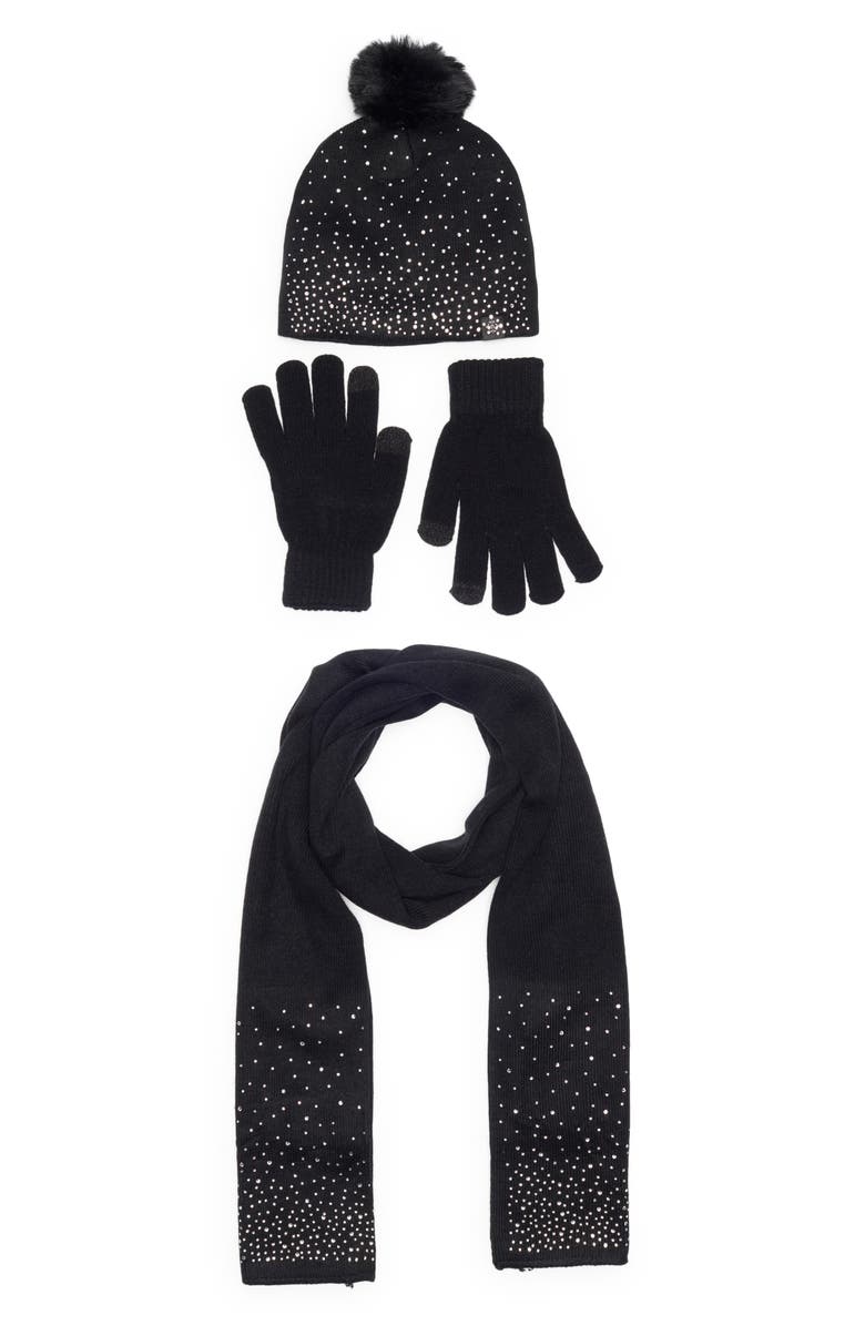 Nanette Lepore 3-Piece Rhinestone Scarf, Beanie & Gloves Set, Main, color, Black