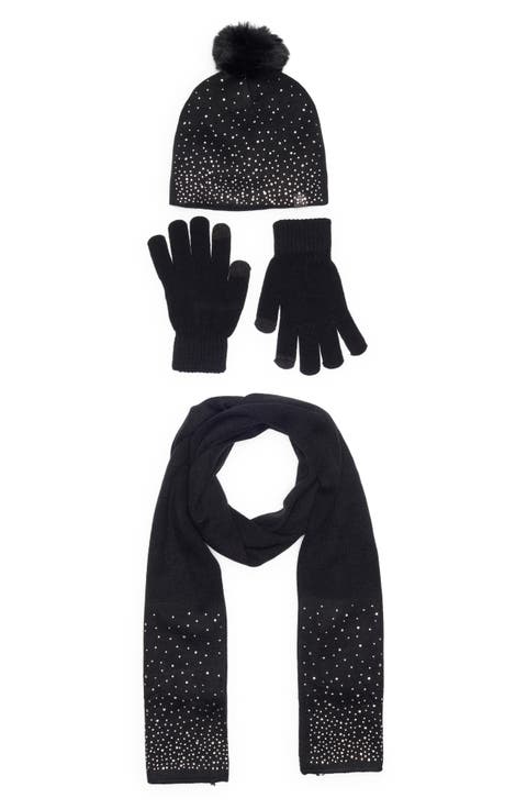 3-Piece Rhinestone Scarf, Beanie & Gloves Set