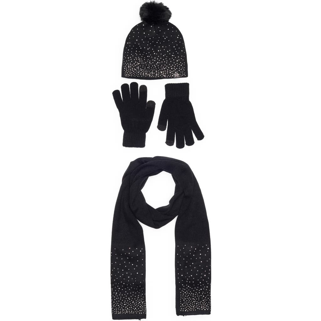 Nanette Lepore 3-piece Rhinestone Scarf, Beanie & Gloves Set In Black