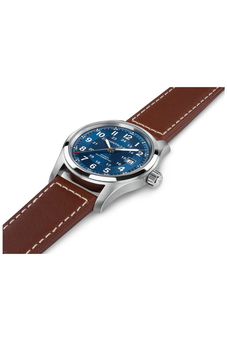 Khaki Field Automatic Leather Strap Watch, 42mm, Alternate, color, BLUE