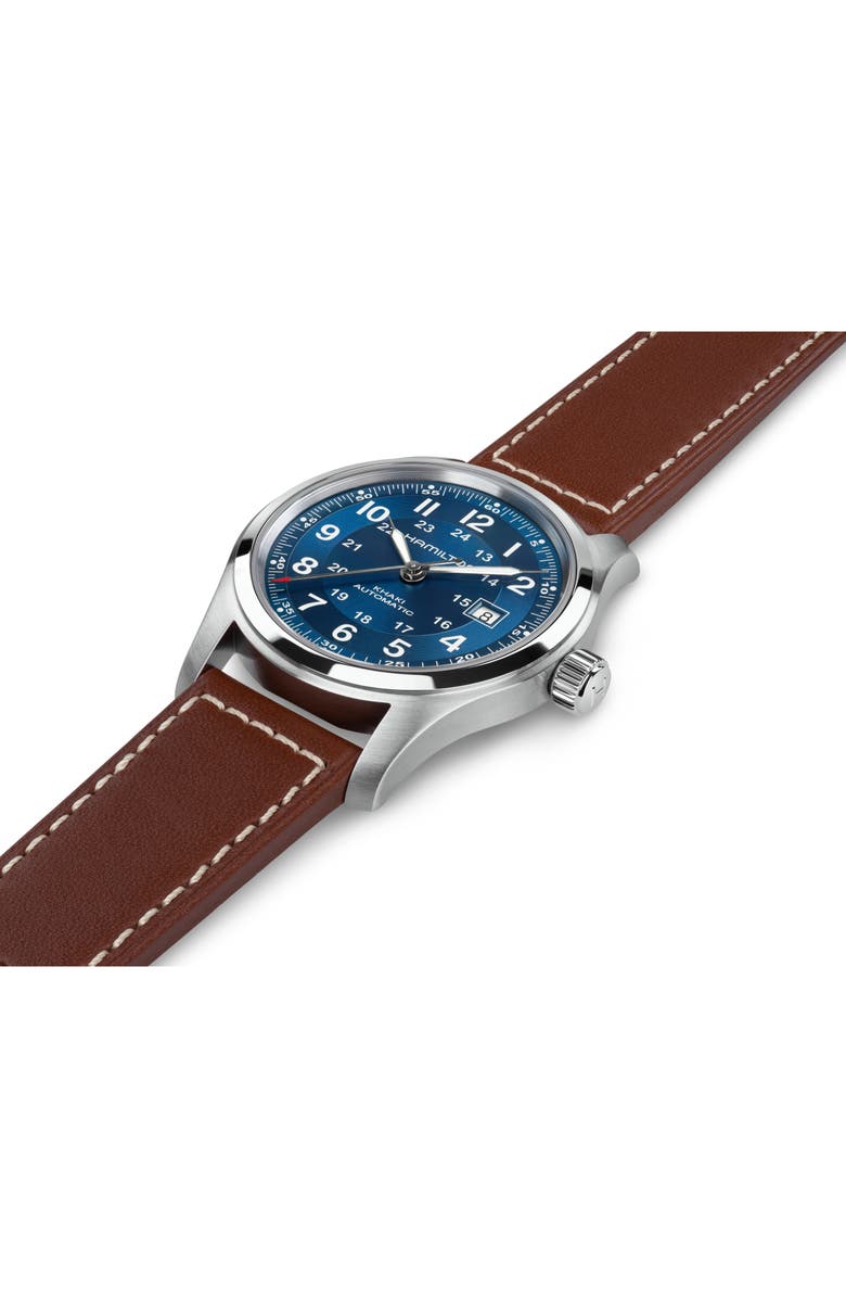 Hamilton Khaki Field Automatic Leather Strap Watch, 42mm, Alternate, color, Blue
