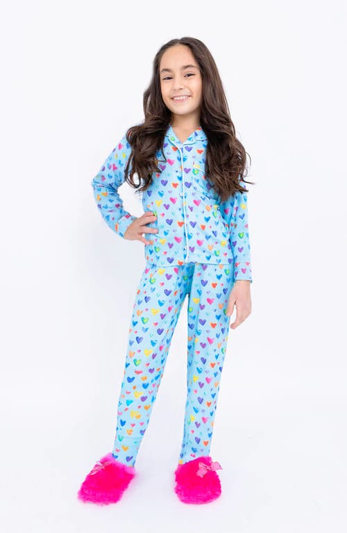 Preppy Goose Heart Printed Jersey Long Sleeve Pajama Pant Set In Blue