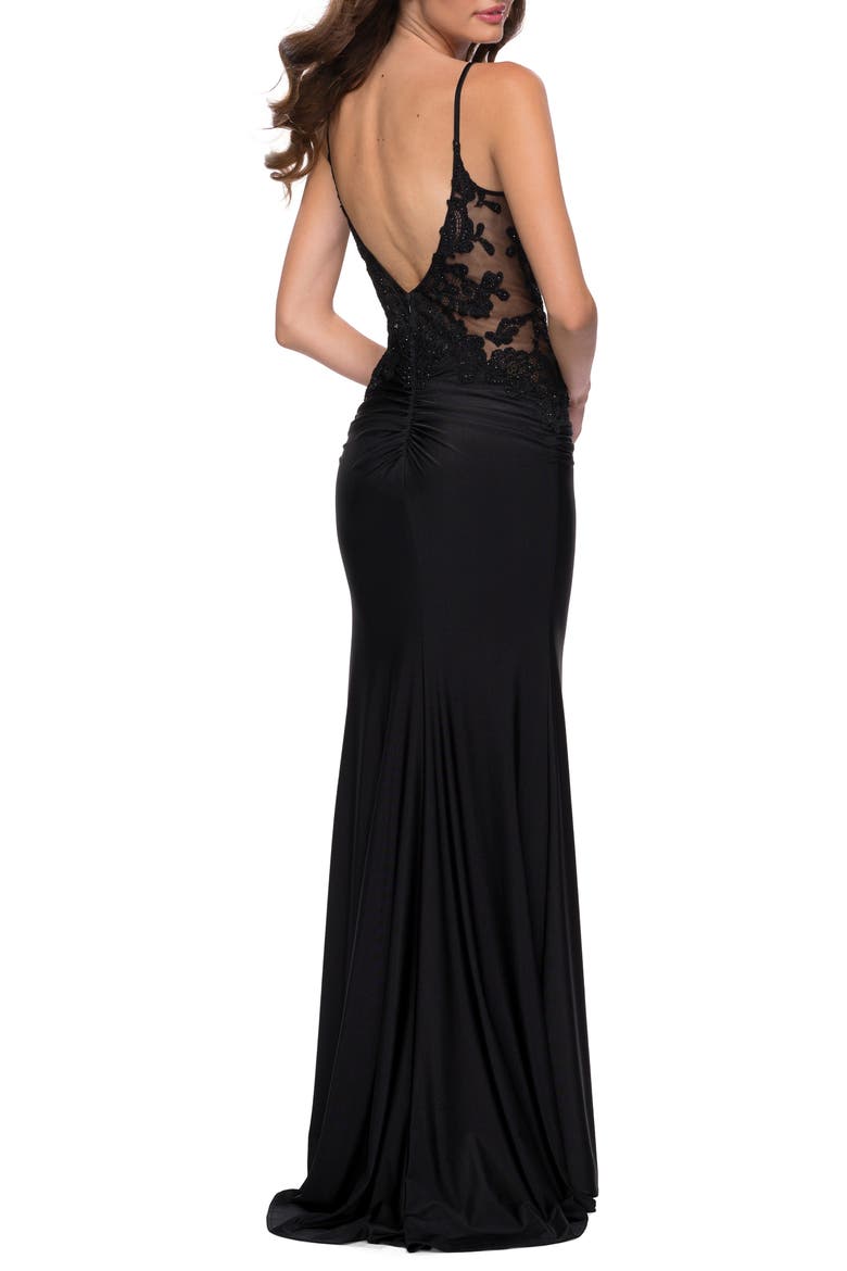 Jersey Gown with Sheer Lace Bodice and Ruching, Alternate, color, BLACK