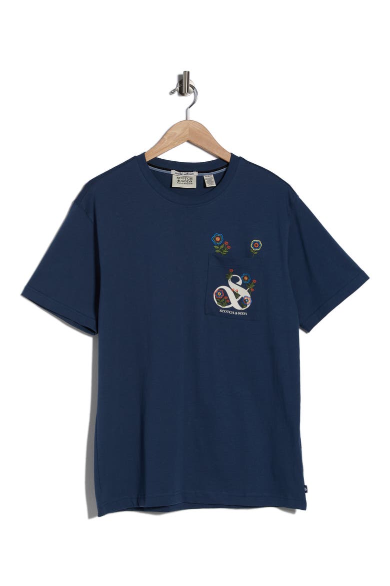 Floral Embroidered Pocket Graphic T-Shirt, Alternate, color, DARK DENIM