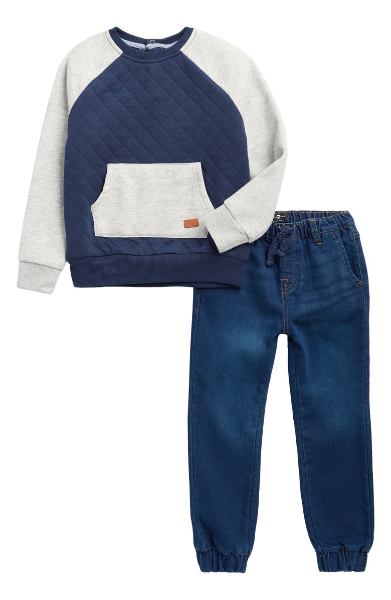 7 For All Mankind Kids' Quilted Pullover & Knit Denim Joggers Set, Main, color, 