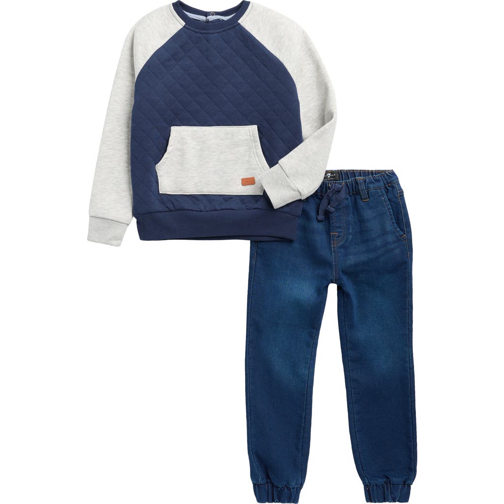 7 For All Mankind Kids' Quilted Pullover & Knit Denim Joggers Set In Blue