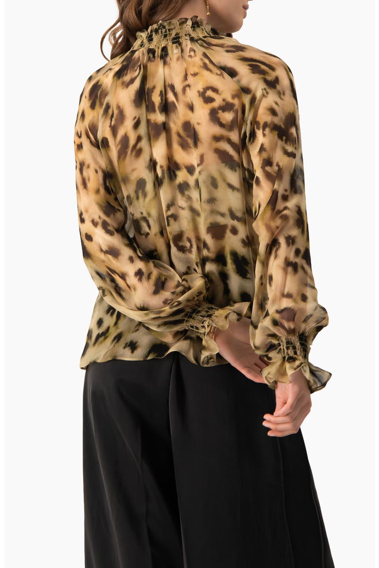 Sheer Chiffon Tie-Neck Blouse in Abstract Animal Print, Alternate, color, Olive Green