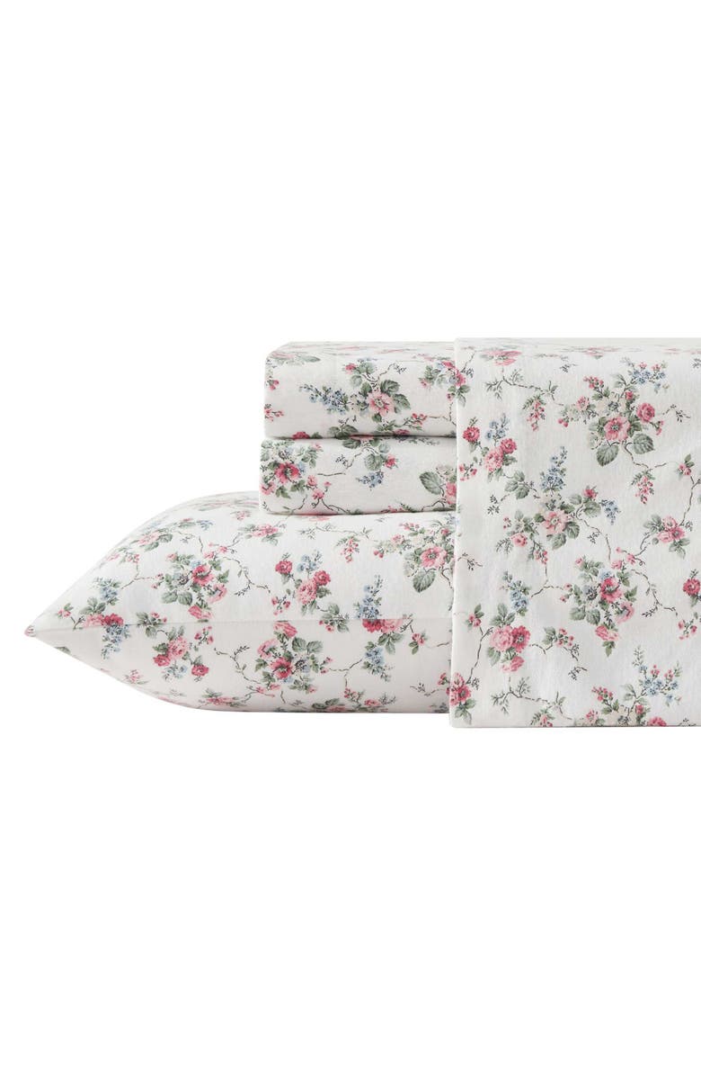 Laura Ashley Le Fleur Cotton Flannel Sheet Set, Main, color, Light Pink