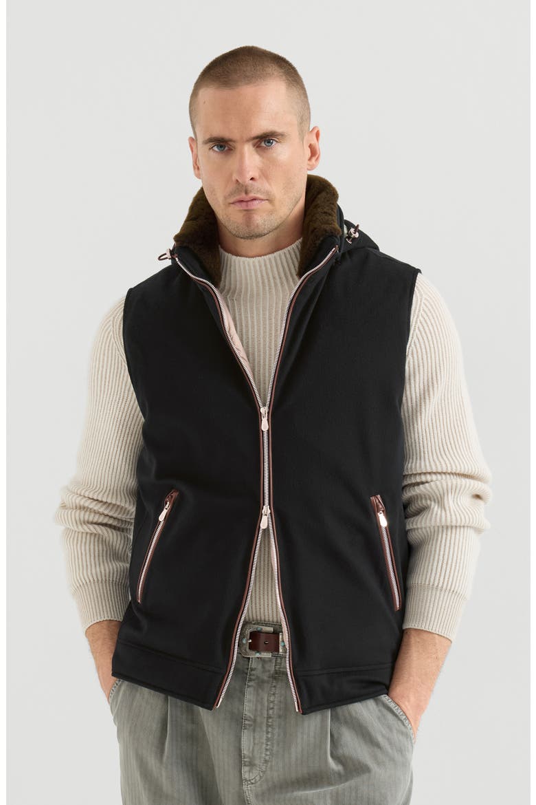 Bonded wool flannel hooded down vest with detachable shearling insert, Main, color, Black