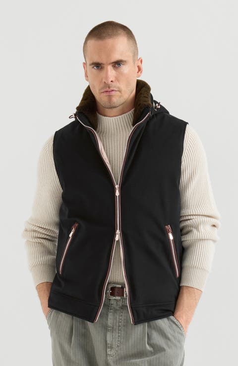 Bonded wool flannel hooded down vest with detachable shearling insert
