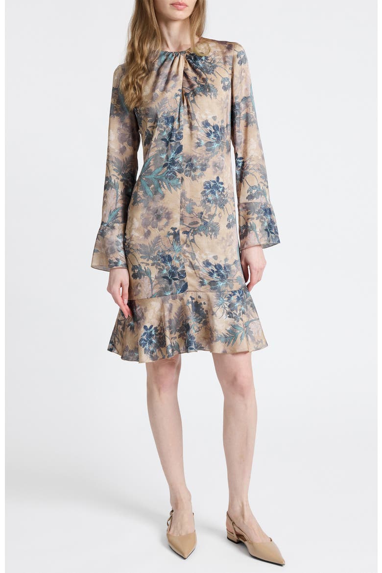 Drake Long Sleeve Ruffled Skirt Shift Dress, Alternate, color, Dune