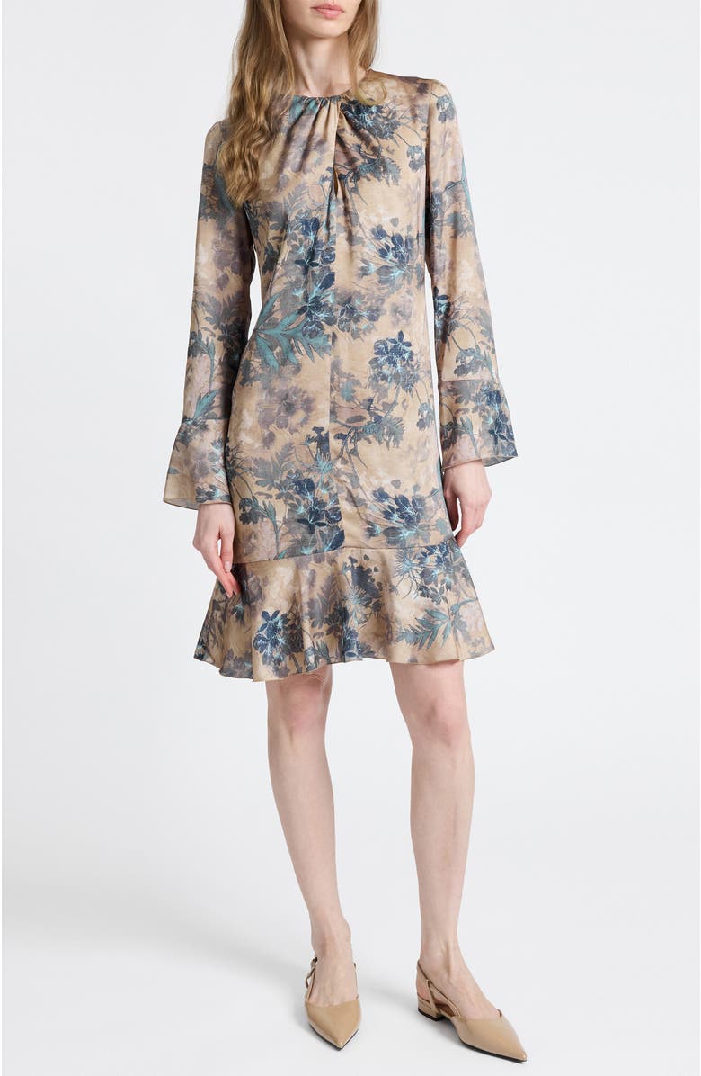 Santorelli Drake Long Sleeve Ruffled Skirt Shift Dress, Alternate, color, Dune