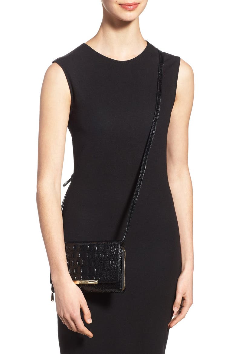 'Michelle' Croc Embossed Leather Crossbody Wallet, Alternate, color, BLACK
