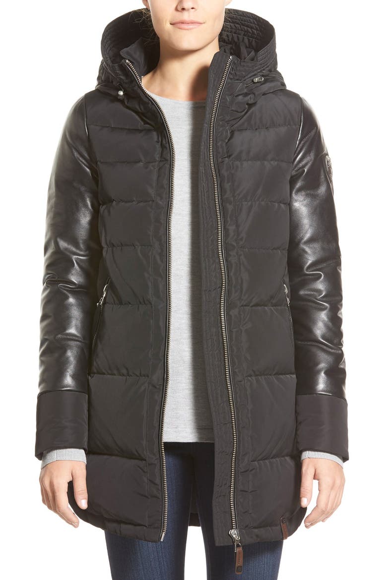 'Calyo' Leather Trim Hooded Down Coat, Main, color, BLACK