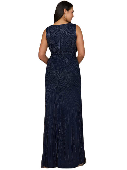 Lara New York Asymmetrical, Beaded Gown In Navy