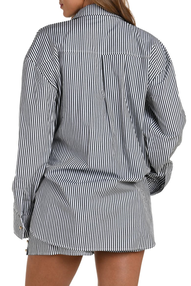 Lorena Voyage Stripe Oversize Cotton Poplin Cover-Up Button-Up Shirt, Alternate, color, BLACK