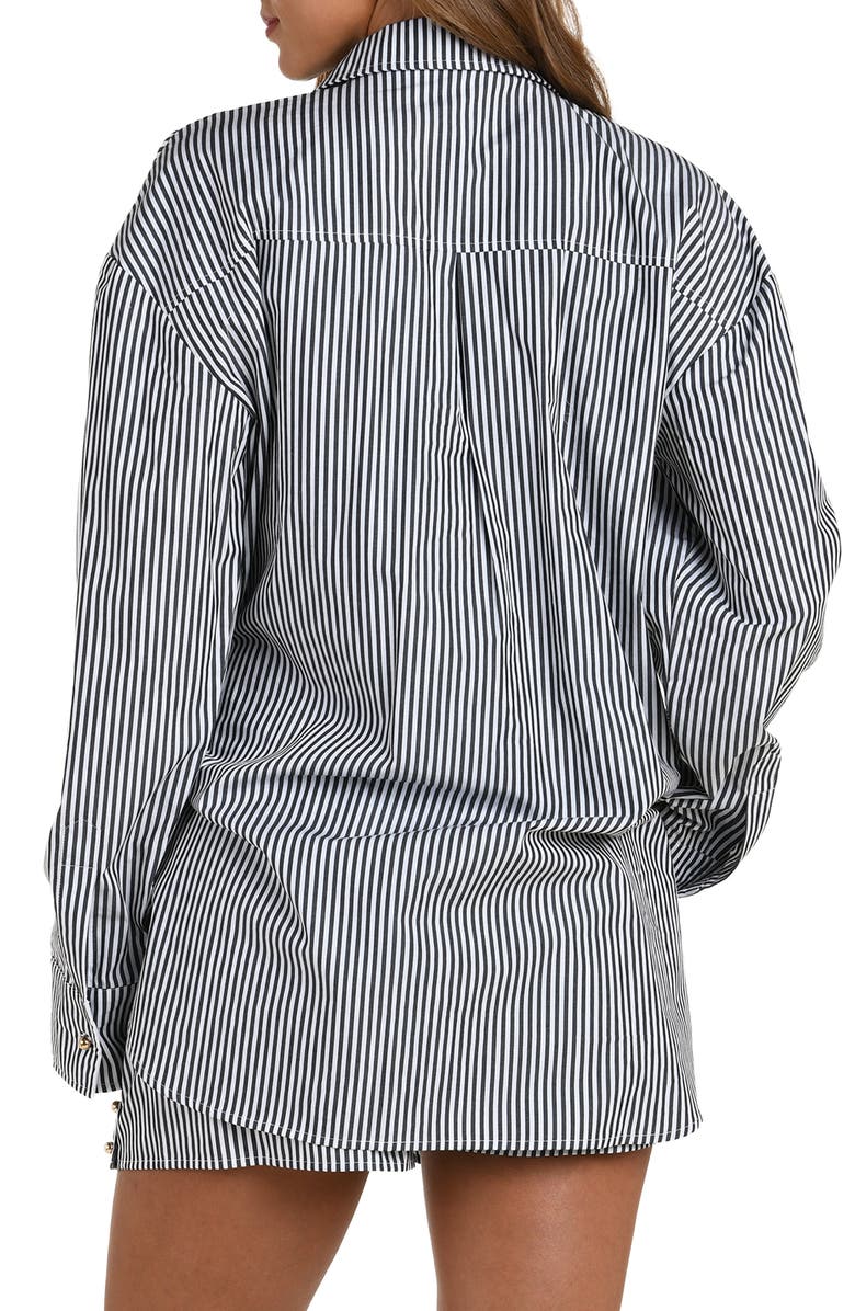 L'AGENCE Lorena Voyage Stripe Oversize Cotton Poplin Cover-Up Button-Up Shirt, Alternate, color, Black