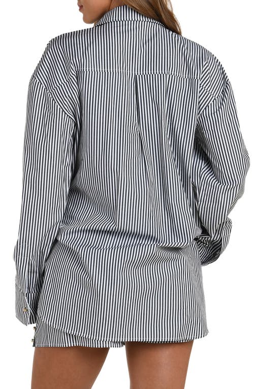 L'agence Lorena Voyage Stripe Oversize Cotton Poplin Cover-up Button-up Shirt In Gray