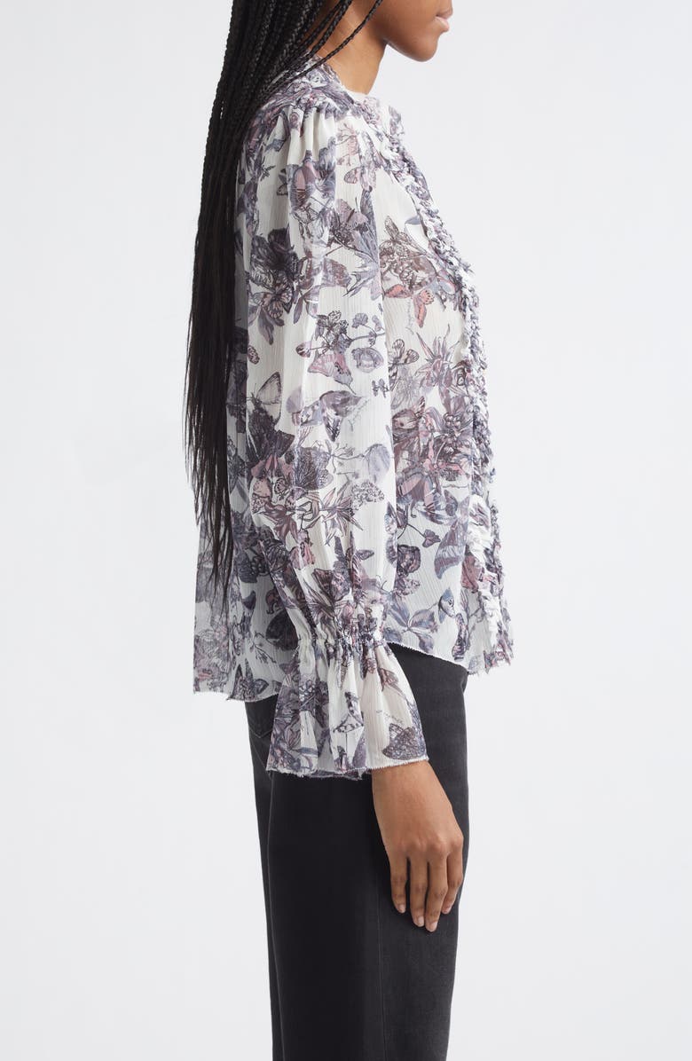 L'AGENCE Eunice Butterfly Print Ruffle Trim Button-Up Top, Alternate, color, Vintage White Watercolor Bufly