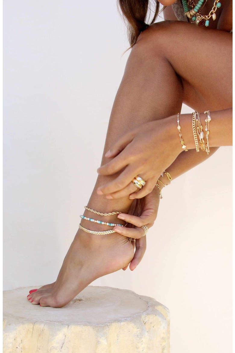 Set of 2 Turquiose and Imitation Pearl Anklets, Alternate, color, GOLD