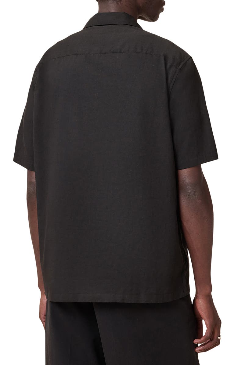 AllSaints Scripture Embroidered Short Sleeve Cotton Button-Up Shirt, Alternate, color, Faded Black