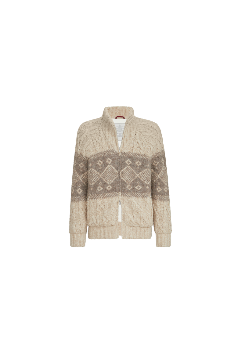 Virgin wool, silk and cashmere chiné cable knit down jacket with intarsia, Alternate, color, Sand