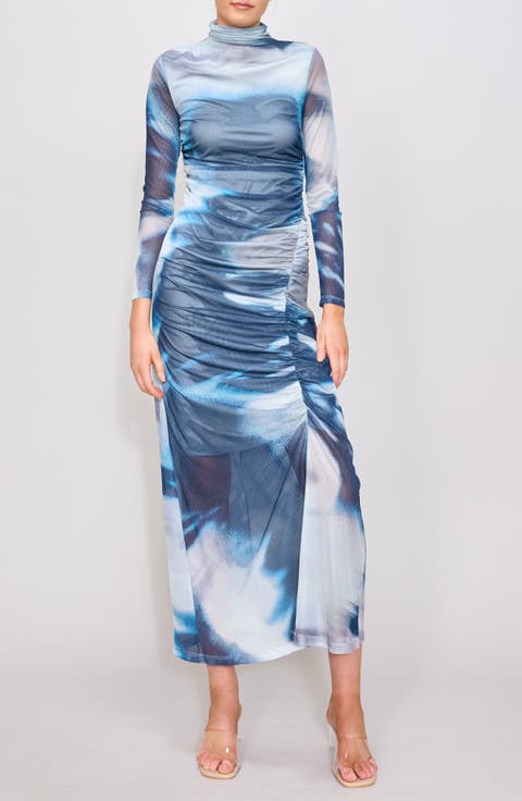 Abstract Print Long Sleeve Turtleneck Mesh Dress
