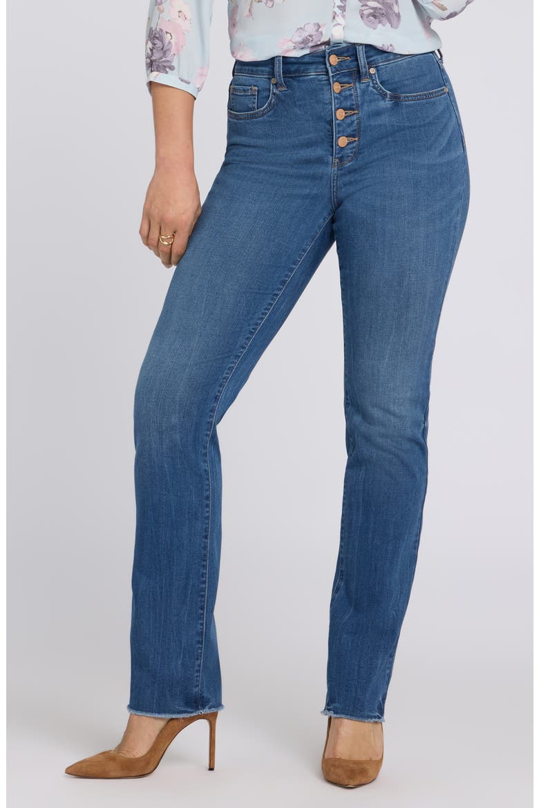 Marilyn High Waist Button Fly Raw Hem Straight Leg Jeans, Main, color, WILD RIVER
