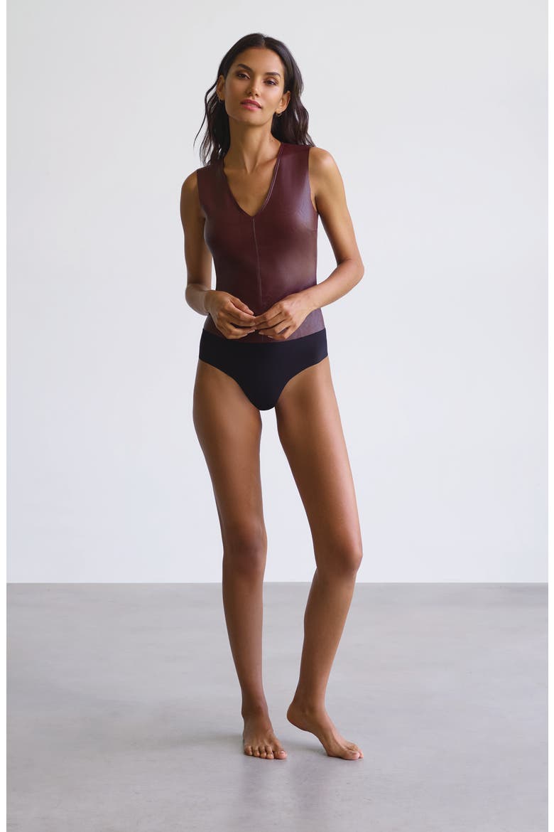 Deep V-Neck Faux Leather Bodysuit, Alternate, color, OXBLOOD