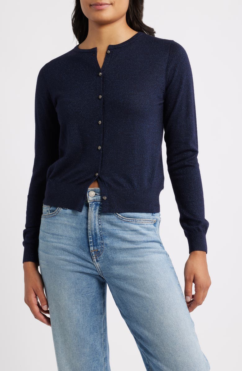 MARGARET O'LEARY Merino Wool Blend Cardigan, Main, color, Navy