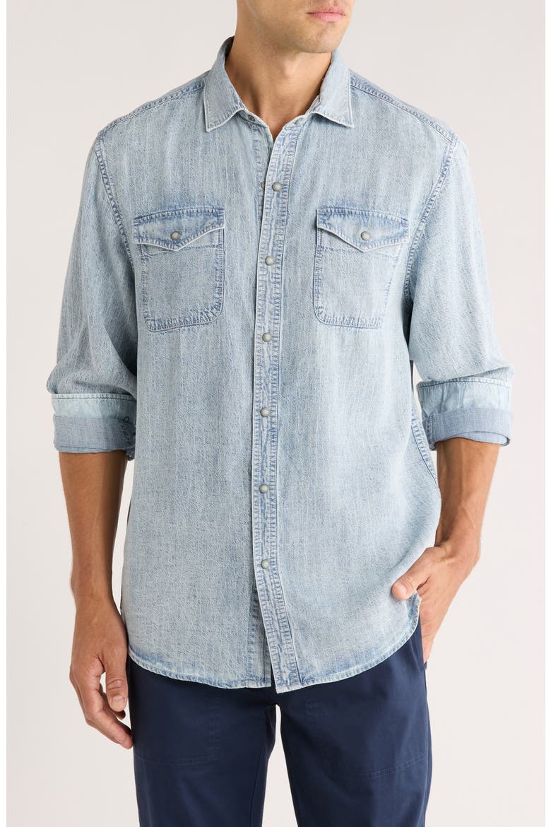 Go West Lyocell & Linen Snap-Up Western Shirt, Main, color, LIGHT INDIGO
