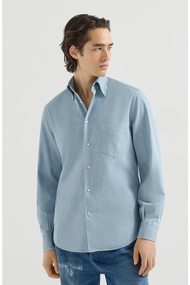Lightweight denim shirt with Italian collar and chest pocket, Main, color, Light Blue Denim