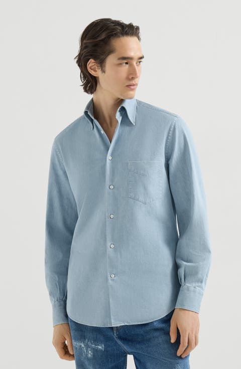 Lightweight denim shirt with Italian collar and chest pocket