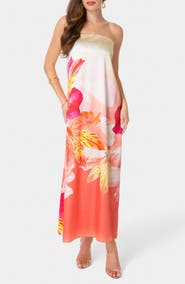 bebe Strapless Satin Maxi Dress