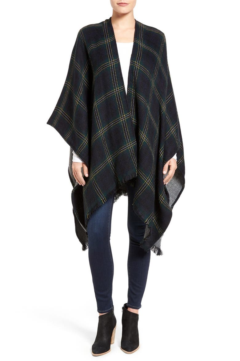 Reversible Plaid & Herringbone Cape, Main, color, INK