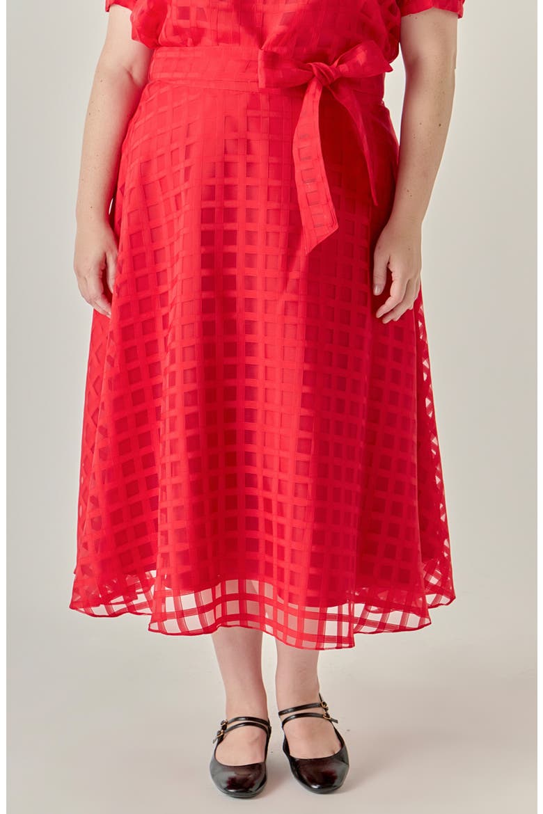 Plaid Organza Fit & Flare Midi Skirt, Alternate, color, RED