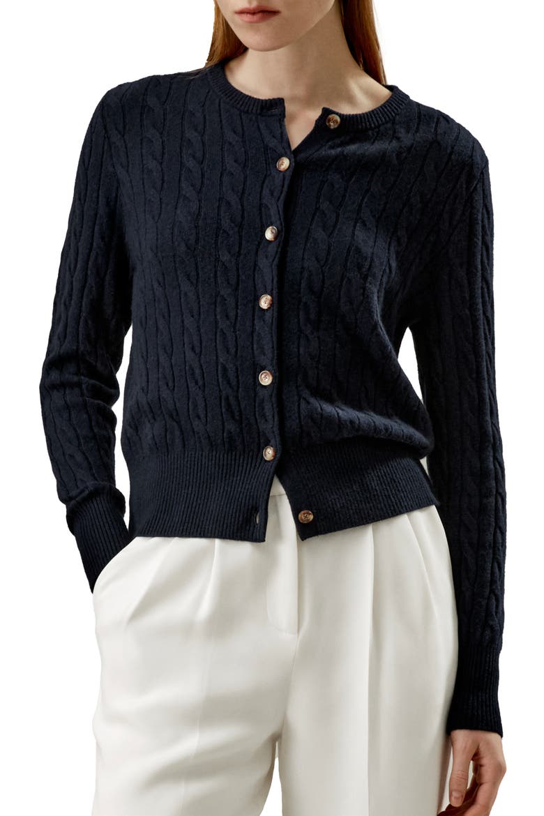 Women's Baby Cashmere Cable-Knit Cardigan, Main, color, Navy Blue