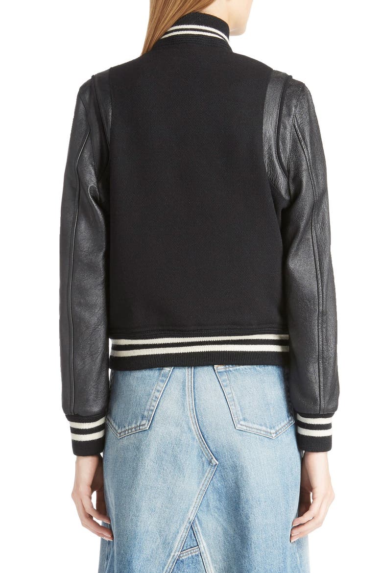 'Teddy' Full Leather Sleeve Bomber Jacket, Alternate, color, BLACK