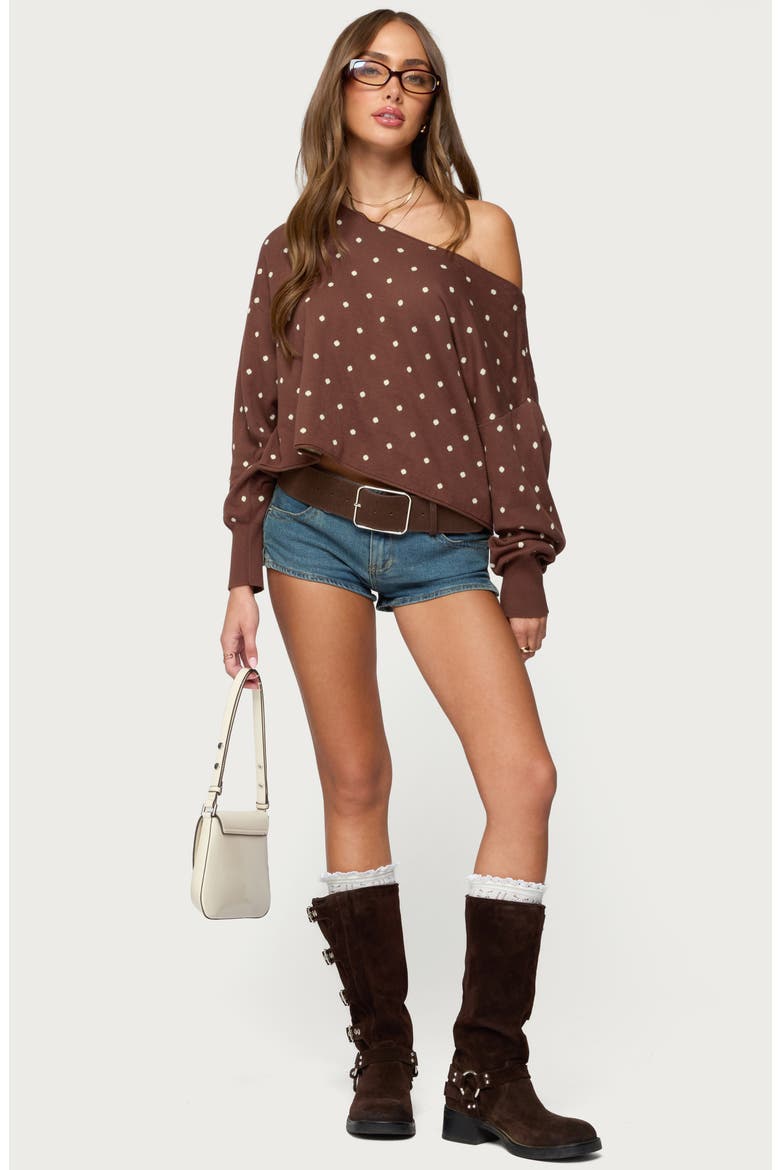 Oversize Off the Shoulder Polka Dot Sweater, Alternate, color, BROWN