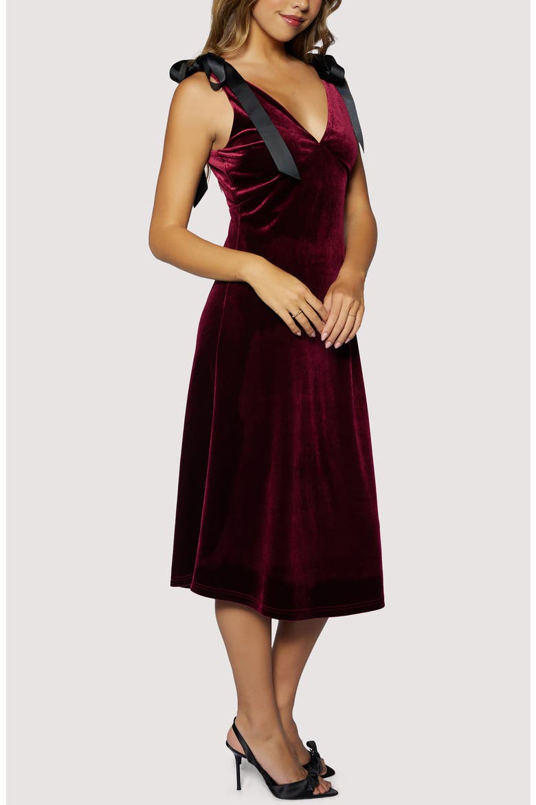Adorned Virtue Bow Detail Velvet Midi Dress, Alternate, color, PLUM