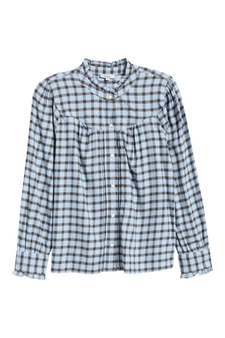 Alanna Ruffle Check Organic Cotton Snap-Up Shirt, Alternate, color, SKY CHECK
